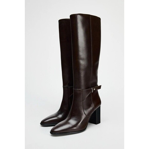 ZARA LEATHER BUCKLE HEEL BOOTS BROWN NEW WOMAN SIZE US 6.5  EUR 37 REF 1014/411 - Picture 1 of 15